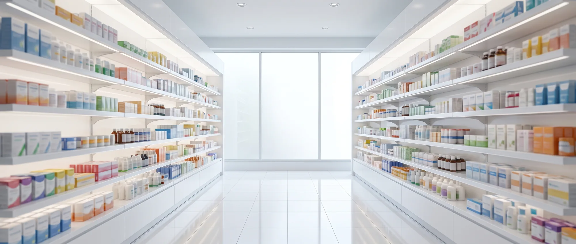 Pasillo de productos de farmacia, limpio y ordenado