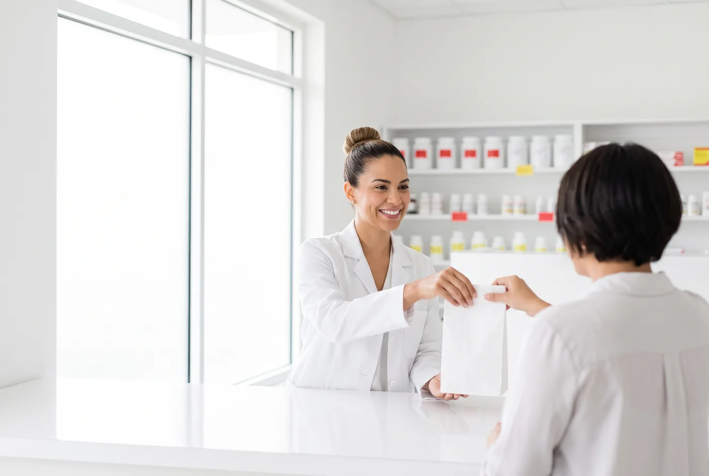 Farmacéutica entregando una receta en el mostrador